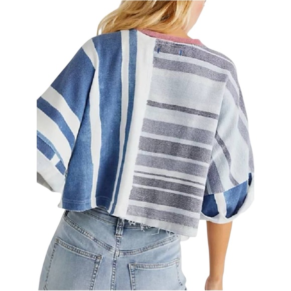 We The Free People Billie Tee /‎ Blue Striped Oversized Slouchy Crop Top Medium - Picture 2 of 7
